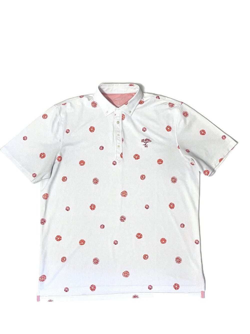 Johnnie-O Polo Shirt Men Large White Grapefruit/Orange Print Stretch Performance